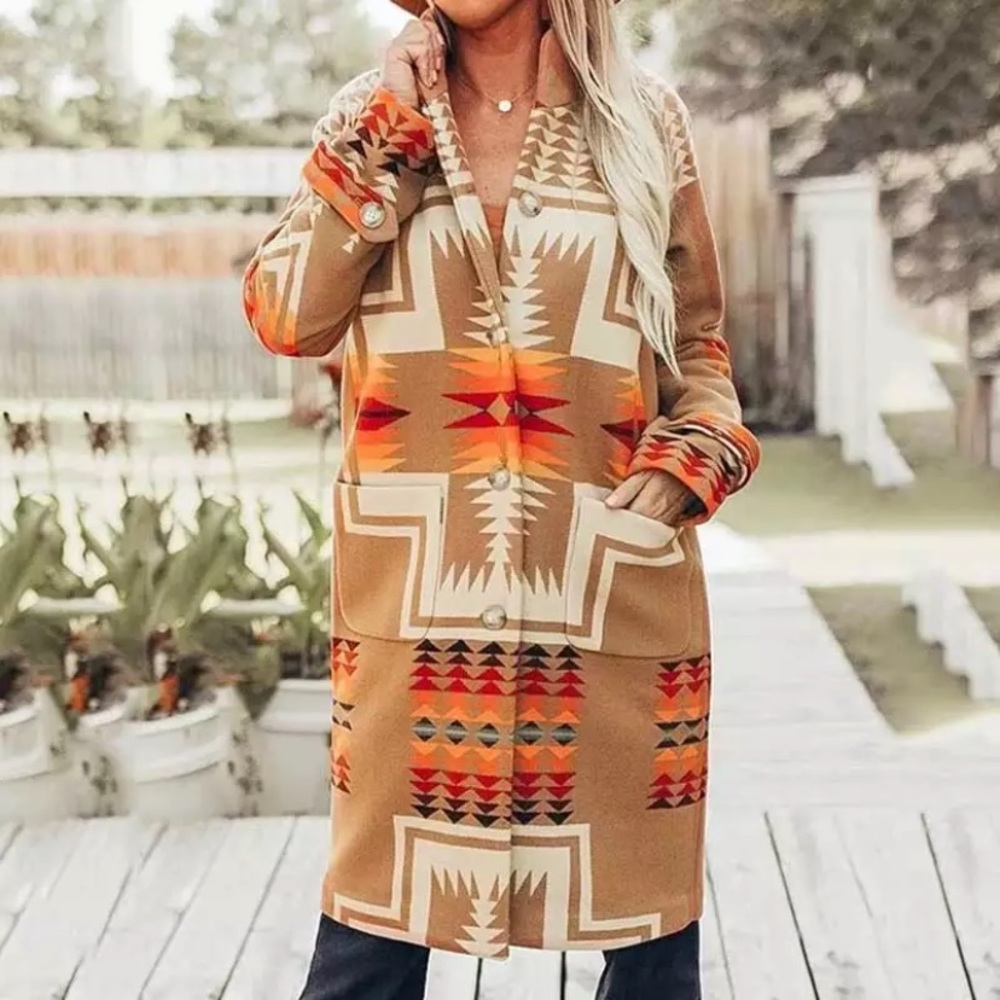 SOLD OUT Western Boho Tribal Camel Button Up Peacoat Coat - Picture 2 of 7
